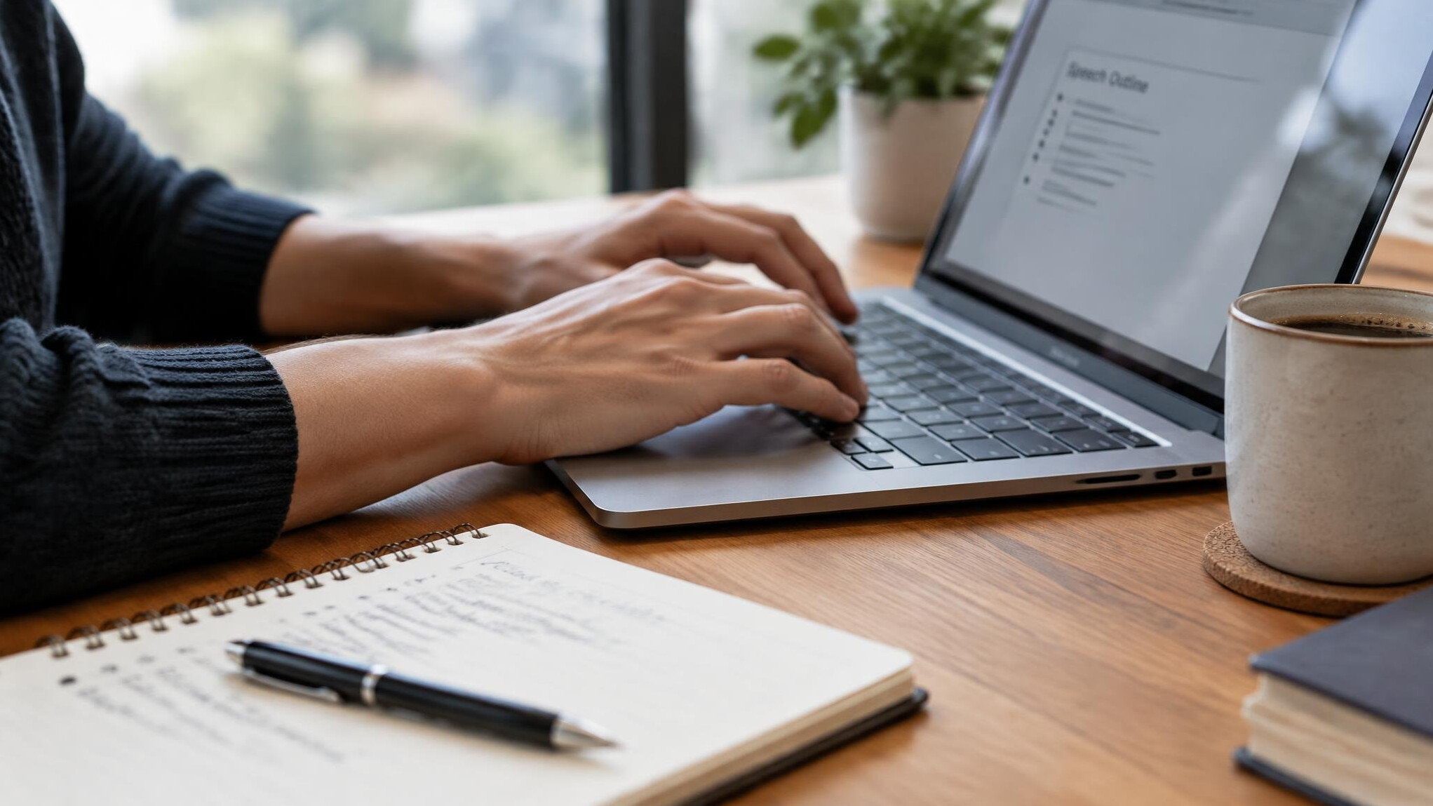 Hands typing on a laptop with notes on a desk