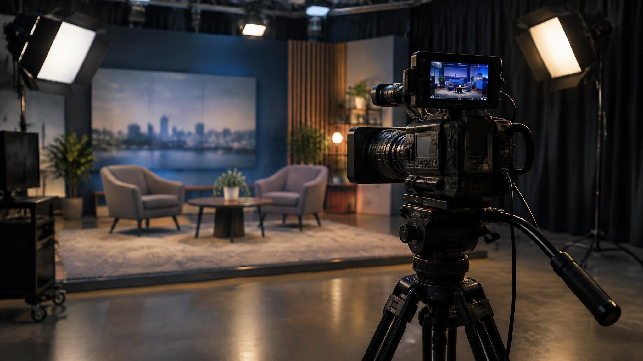 Professional video camera in a studio set